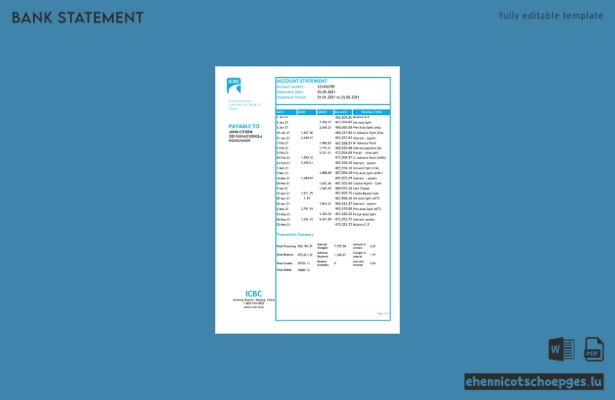 Beispiel-Excel-Vorschau eines Kontoauszugs der China Industrial and Commercial Bank of China
